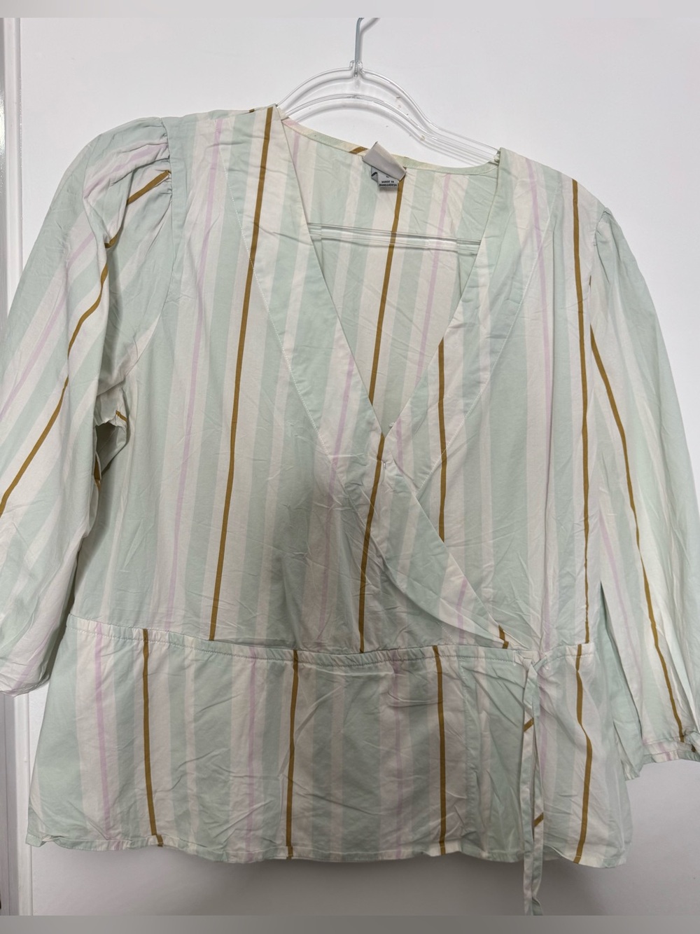 a new day Mint Green Striped Wrap Blouse pastel 100% cotton large long sleeve